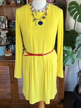 Calvin Klein Bright Hot Yellow Long-Sleeve Pleated Women’s Dress w/ Red Belt 4